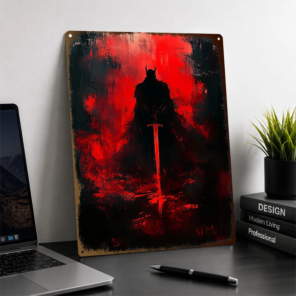 Dark Knight With Glowing Sword Aluminum Poster Personalized Metal Sign Striking Epic Warrior Tribute Wall Art For Fantasy Fans