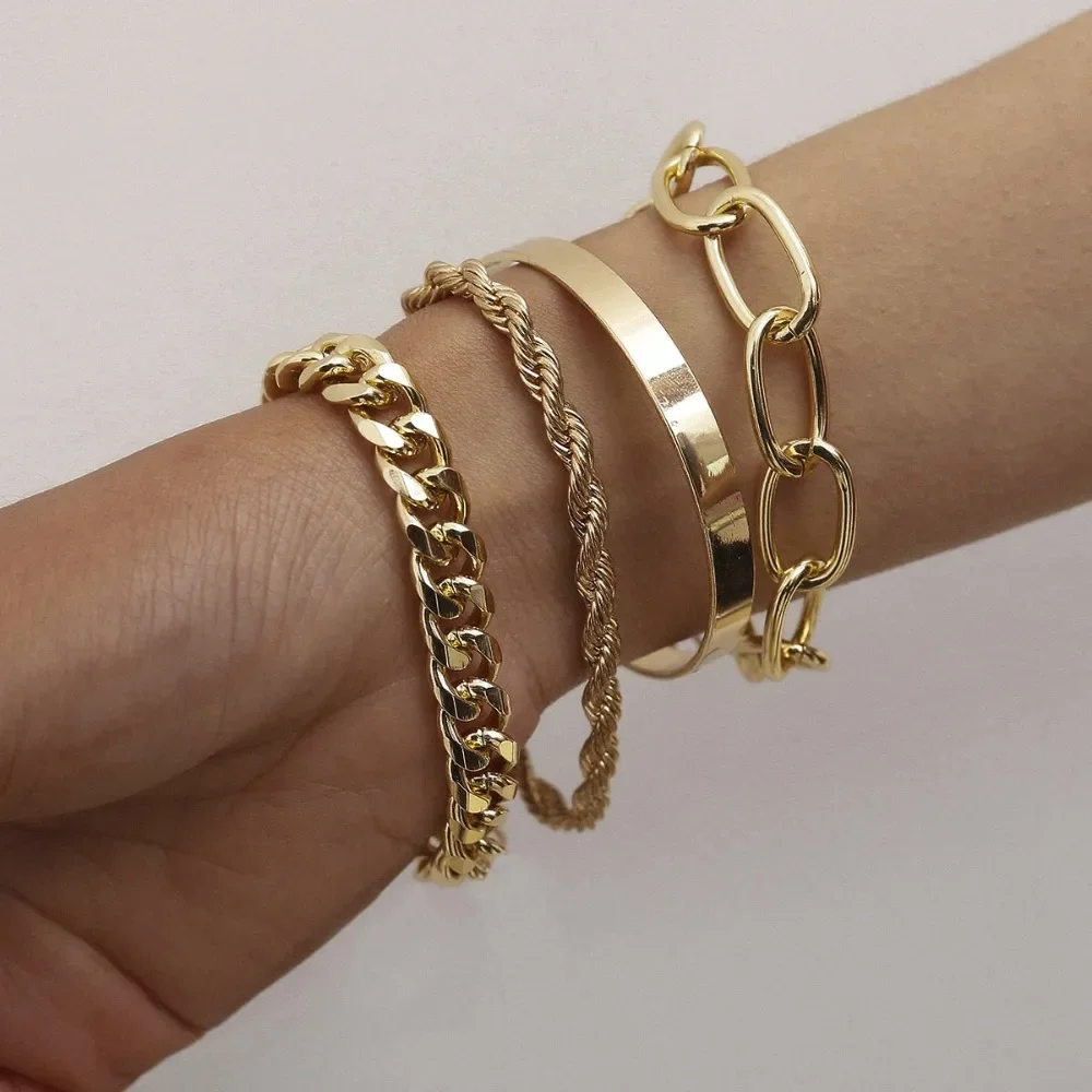 4pcs Set Trend Personality Geometry Smooth C-shaped Bangles Mixed Weave Twist Figaro Chain Bracelets for Women Charm Jewelry Set