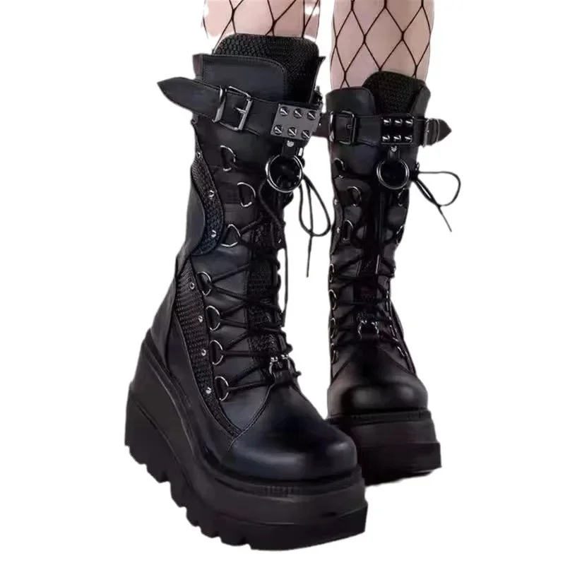 2024 New Thick-soled Heightening Y2k Dark Gothic Punk Medium Tube Matte Punk Locomotive Women's Boots