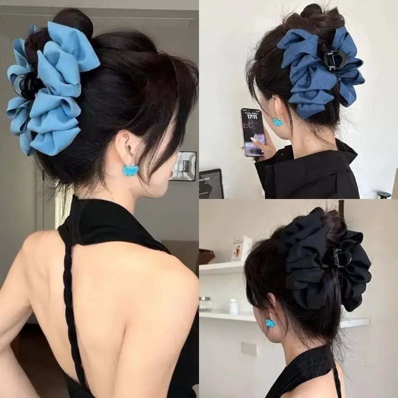 

Elegant Denim Blue Pleated Hair Claw, Shark Clip for Girls and Women, Large Back Of The Head Grab Clip Hair Accessory