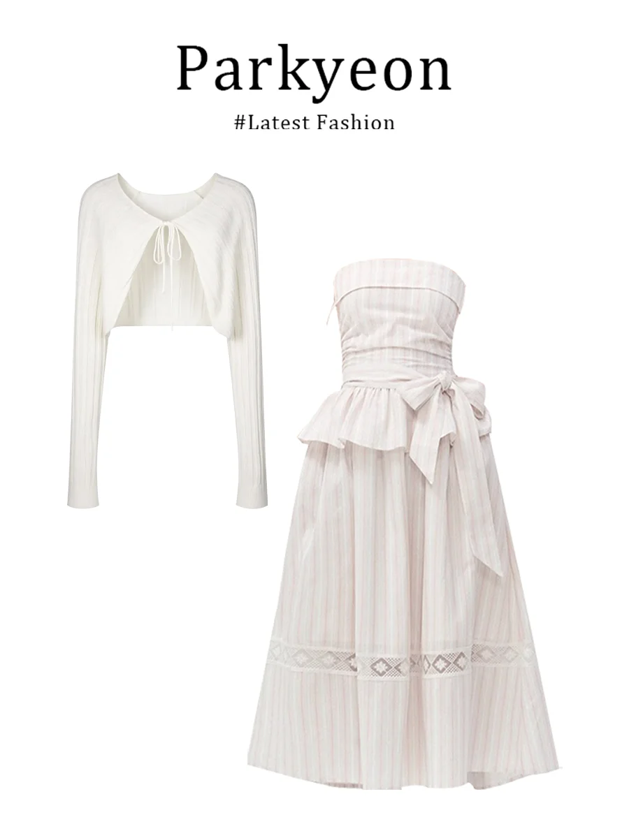 

Elegant Striped Open Cardigan with Knot Waist Cinching Dress Women's Fashion Set Spring Summer Casual Wear