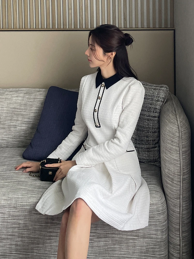 2024 Korean Chic Tweed Pleated Dress Women Elegant New High Quality Lapel Pocket Long Sleeve Single Breasted Ladies Dresses