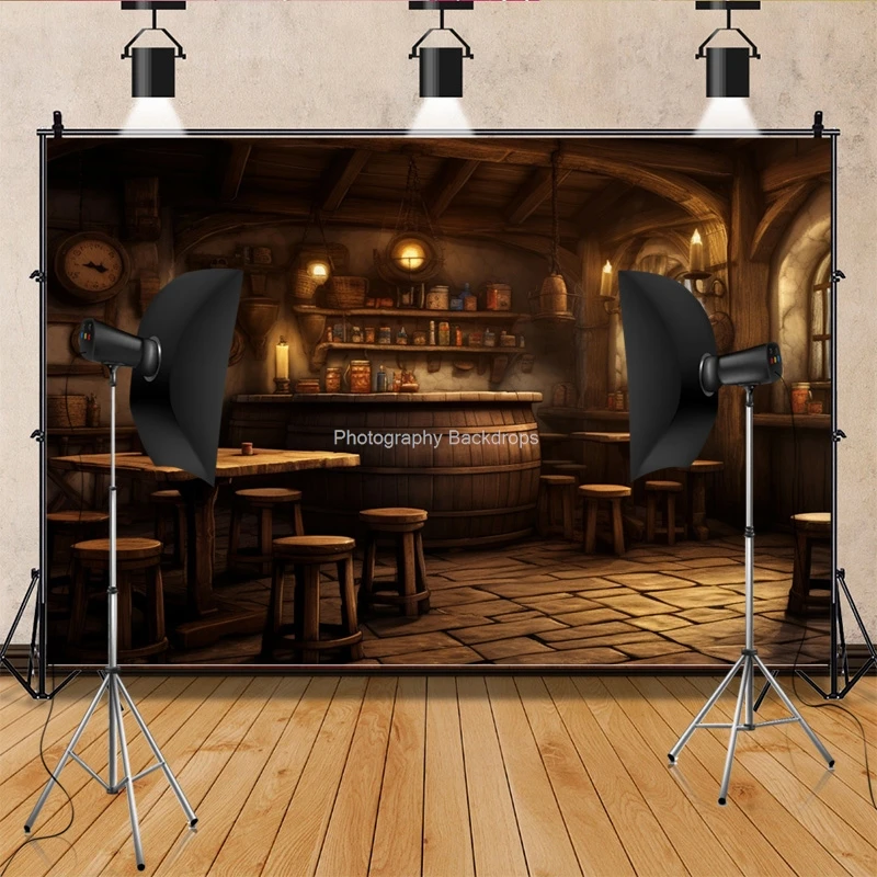 Vintage Old Tavern Barista Coffee Shop Bar Photography Backdrop Warm Medieval Inn Fantasy Retro Photo Studio Background LJG-01