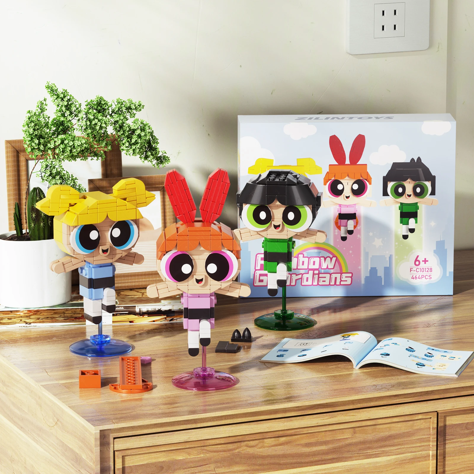 3in1 Powerpuffed 경찰 소녀 빌딩 블록 세트 애니메이션 캐릭터 꽃 거품 버터 컵 모델 키트 어린이를위한 STEM 장난감 선물