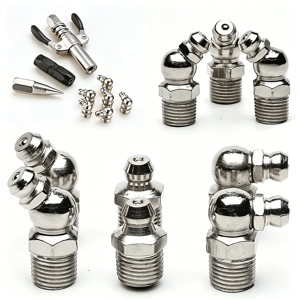 90Pcs M6 M8 M10 45° 90° 180° Grease Nipple Set, Galvanized Steel Hydraulic Zerk Fittings Kit with Plastic Box