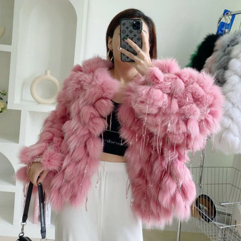 Luxury Fall Winter 3D Hairball Faux Fox Fur Sequined Fringed Jacket Fur Faux Mink Fur Tassels Coat Furry Flocking Cardigan Tops