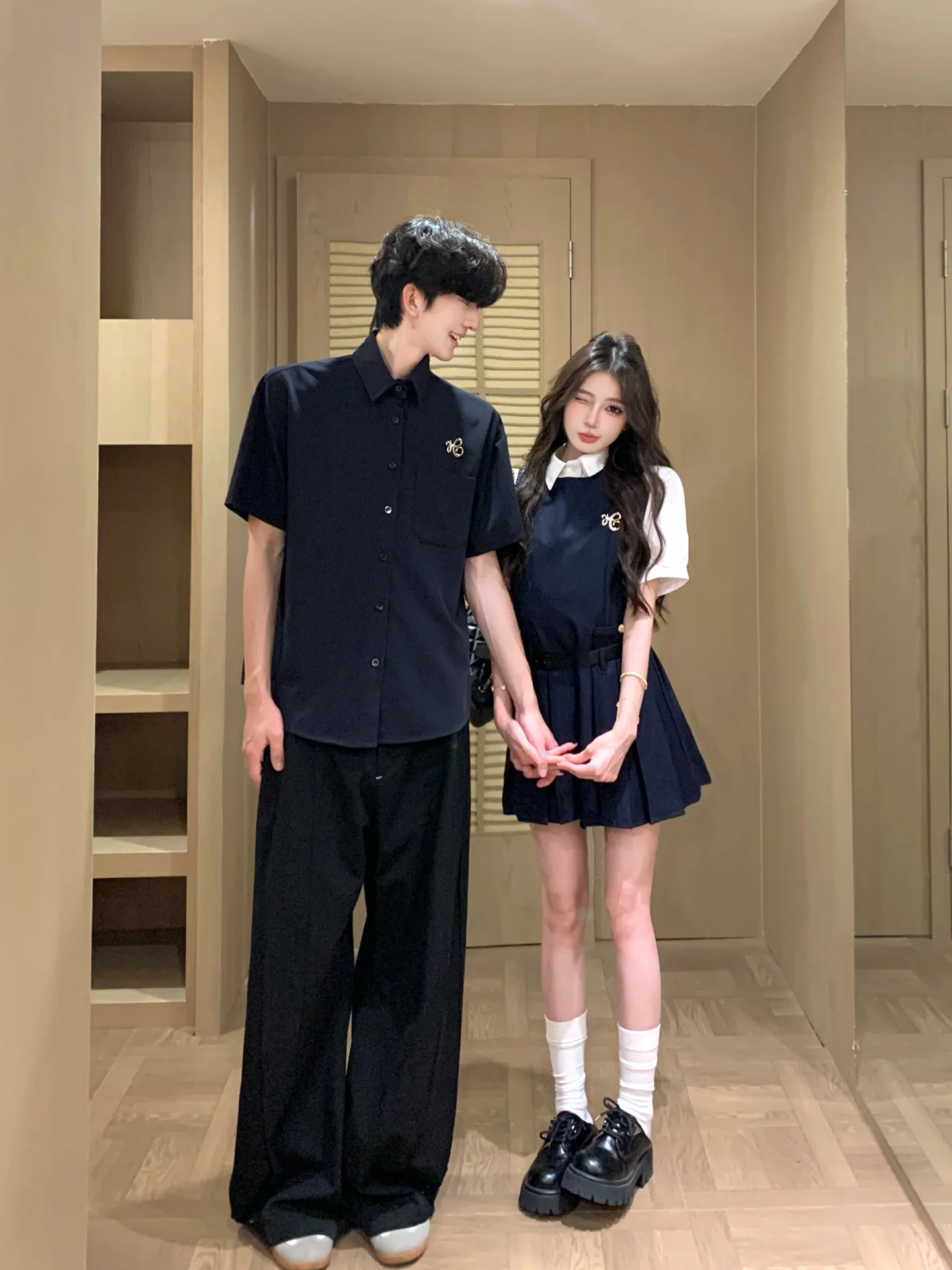 

Korean Style College Couple Clothes Summer Short Sleeve Shirt JK Uniform Set Vest Pleated Dress One Dress One Skirt