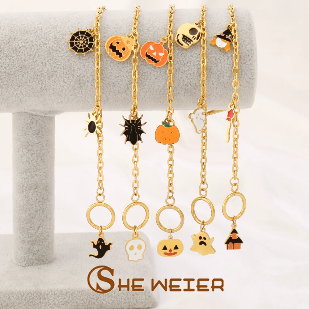 Stainless Steel Ghost Spider Bat Pendant Bracelet for Women Funny Mummy Pumpkin Chain Bracelets Halloween Party Jewelry Gift