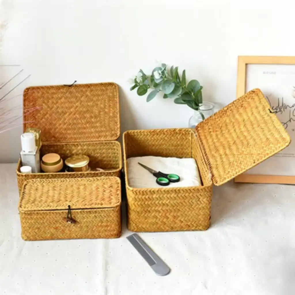 Natural Sea Grass Woven Cosmetic Gift Organizer Box, Long Rectangular with Black Buckle, Flat Lid Straw Storage Basket, Souvenir