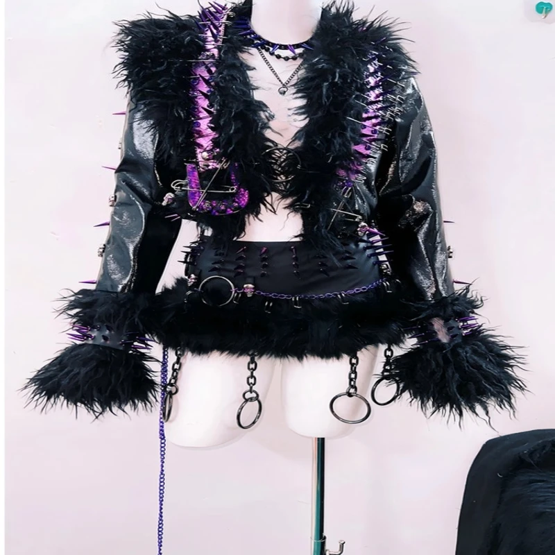 الأصلي الأرجواني حزام الشرير بولي Leather جلد المرأة معطف القوطية الظلام الفراء الربط الرجعية تنورة قصيرة الحلو كول برشام التنانير مجموعة السيدات #2