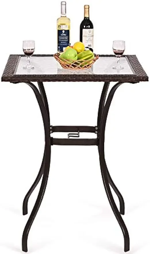 37”/ 94CM Height Bistro Table Outdoor Bar Table, Square Patio Table with Umbrella Hole, Tempered Glass Top & Wicker Covered Edge