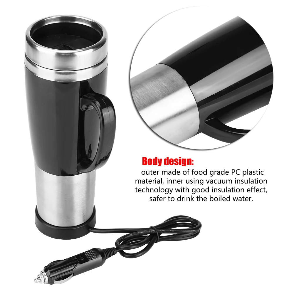 12V 24V Car Electric Kettle Stainless Steel Inner Tank Electric Heating Car Car Cup Cup Hot 450ml Heating Thermos Water Cup