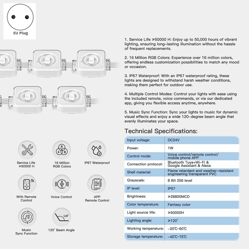 Guirxiété Lumineuse LED Intelligente Tuya Wifi pour l'Extérieur, Étanche IP67, RVB, Document, RF, Télécommande pour Alexa, Google Home