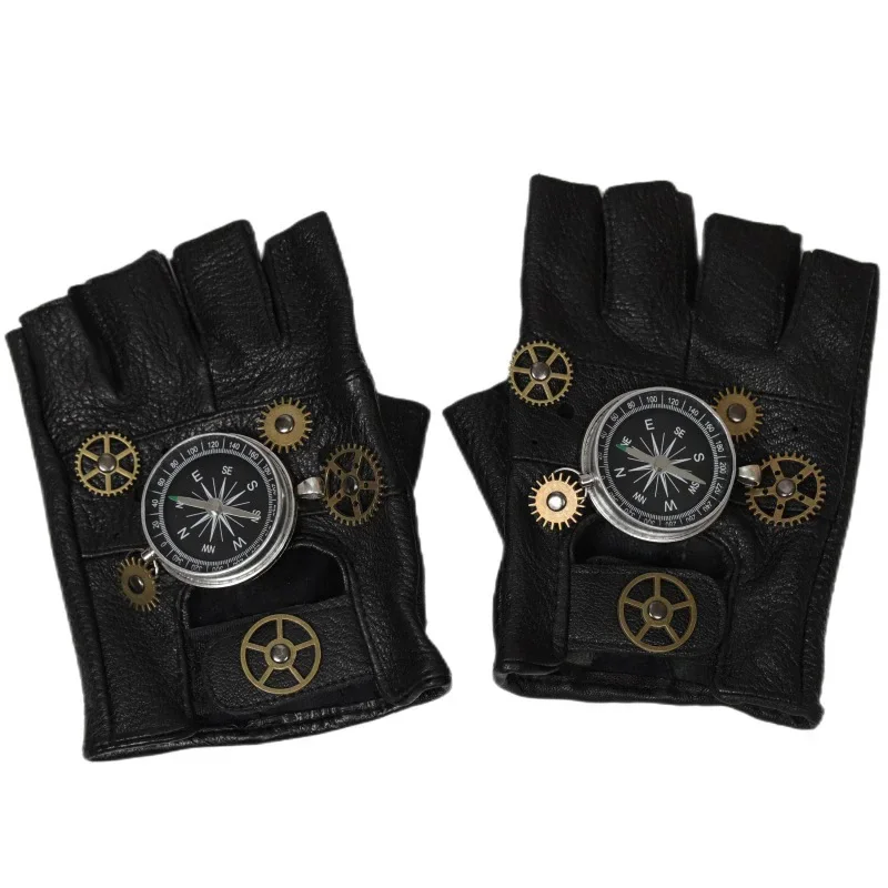 Steampunk PU Leather Fingerless Compass Gloves Men Women Fashion Hip Hop Punk Gloves Half Finger Gloves