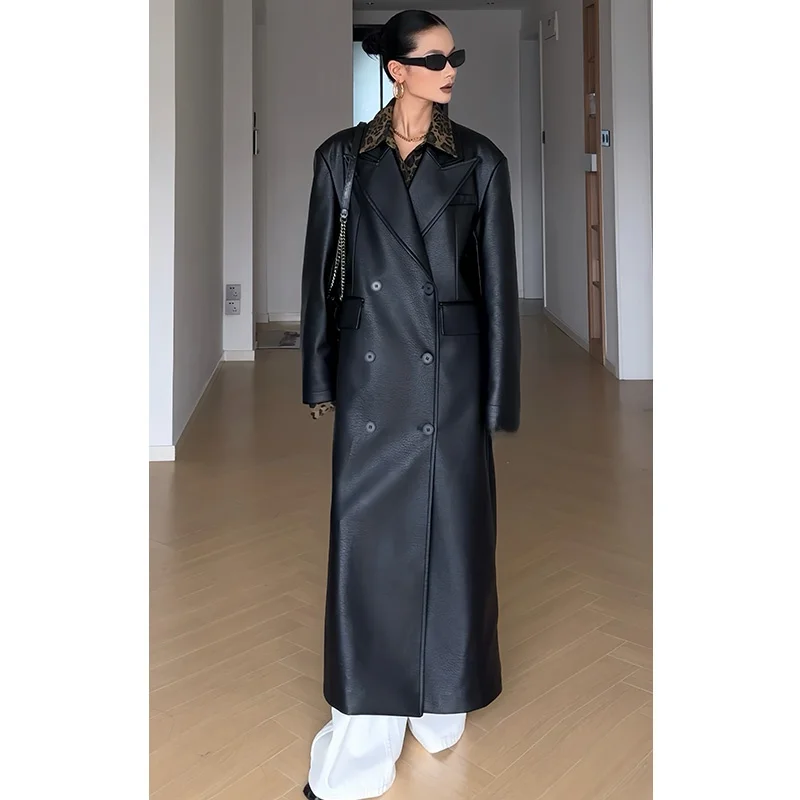 Cizzlemore Long Leather Coat Women Faionable Heavy Texture Gun Ne Long Coat Street Sle Autumn Season High Quali Leather