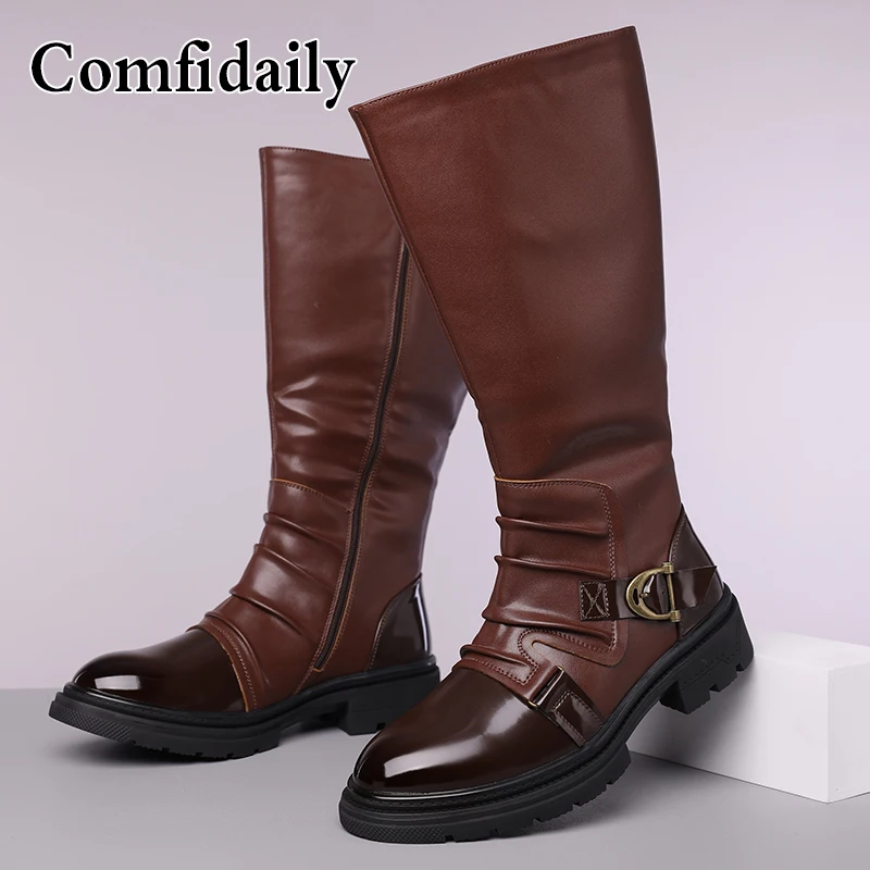 Men's High-Top Boots British Style Fashionable Long Tube Boots Comfortable Wear-Resistant Anti-Slip Leather Boots-C1303