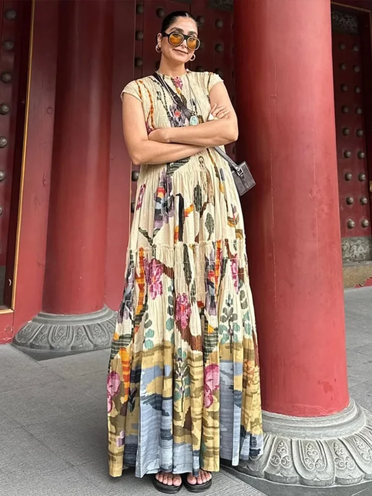 Vestido largo estampado informal de manga corta para mujer, vestido holgado con pliegues, corte en A, bata grande con vuelo, vestidos transpirables para vacaciones de verano 2025