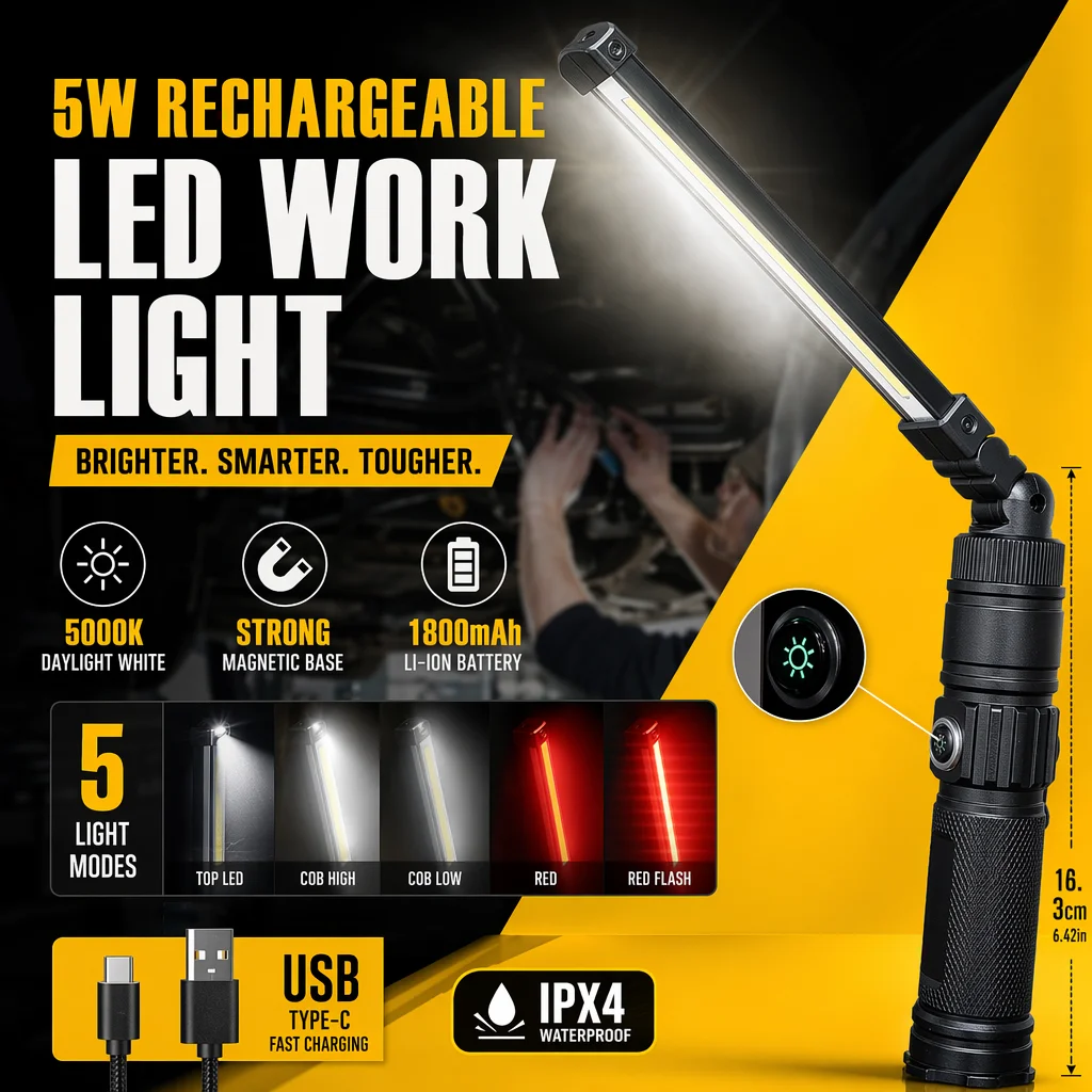 LED Handheld Work Light USB Rechargeable Ultra Bright Flashlight Large Battery Inspection Lamp with Magnet & Hook For Car Repair