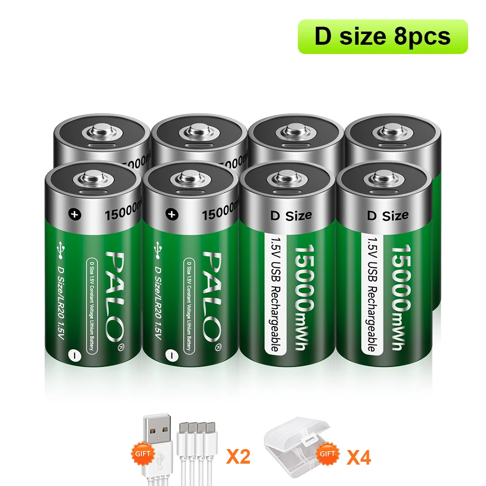 

PALO 8pcs 15000mWh 1.5V D Size Lithium Rechargeable Battery D Type USB Li-ion Batteries LR20 Battery for Flashlight RC Gas Stove