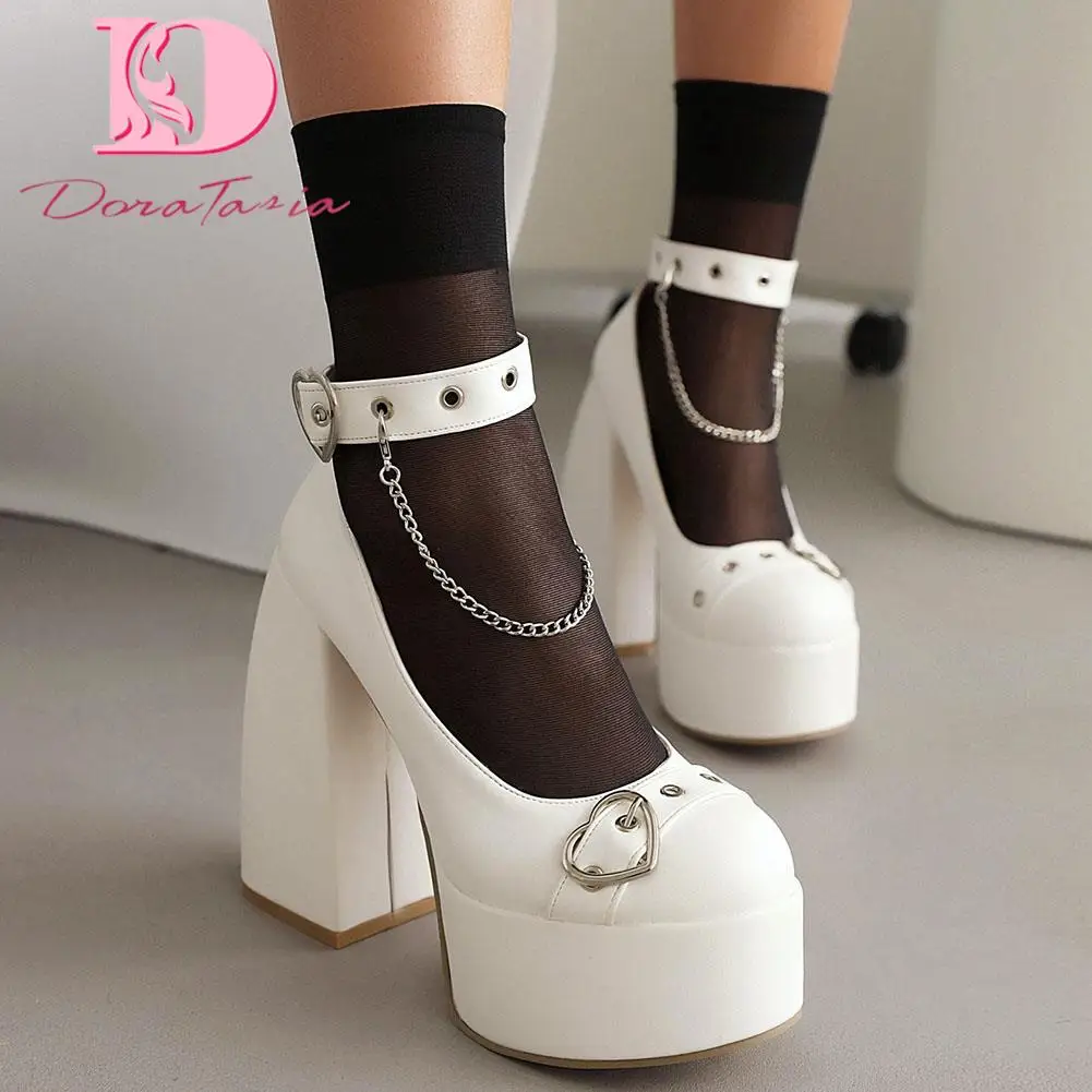 

Brand Design Ladies Platform Pumps Fashion Heart Buckle Chain Thick High Heels women's Pumps Party Office Sexy Shoes Woman