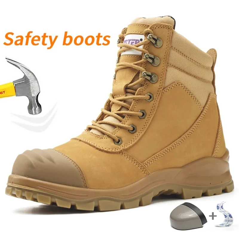 

Man safety shoes high top work safety boots high cut top ankle side zip ‌mining leather quality steel toe cap