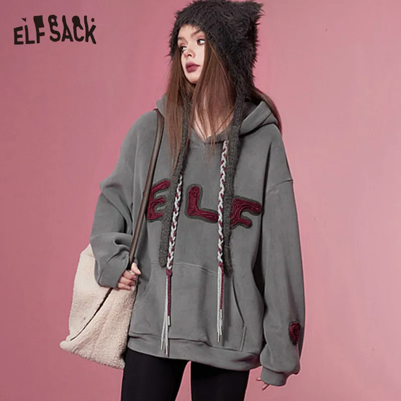 

ELFSACK Graphic Plus Size Fleece Hoodies Women 2023 Winter New Patch Korean Fashion Tops