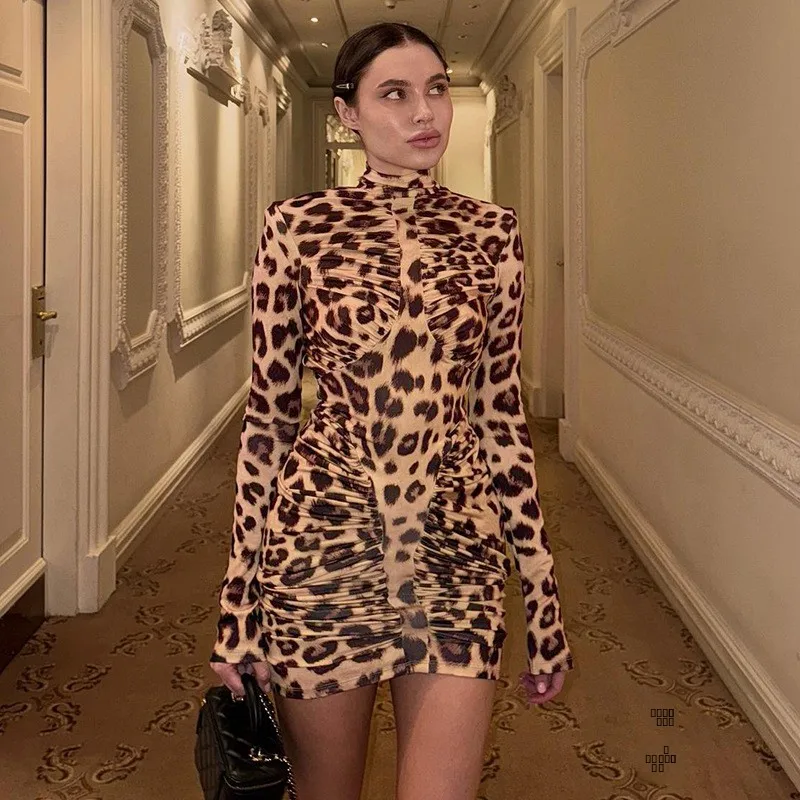 

Sexy High Collar Leopard Print Pleated ort Dr Women's Autumn New Sle Polyester Knitted mid Waist Bodycon Dr