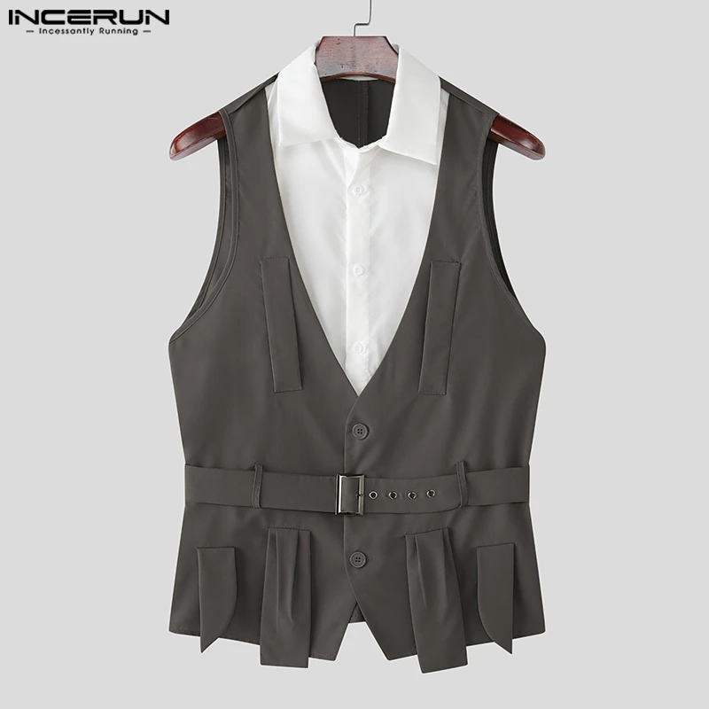 

INCERUN Men Shirt Patchwork Lapel Sleeveless Button Men Clothing With Belt Streetwear 2025 Fashion Casual Male Shirts S-5XL