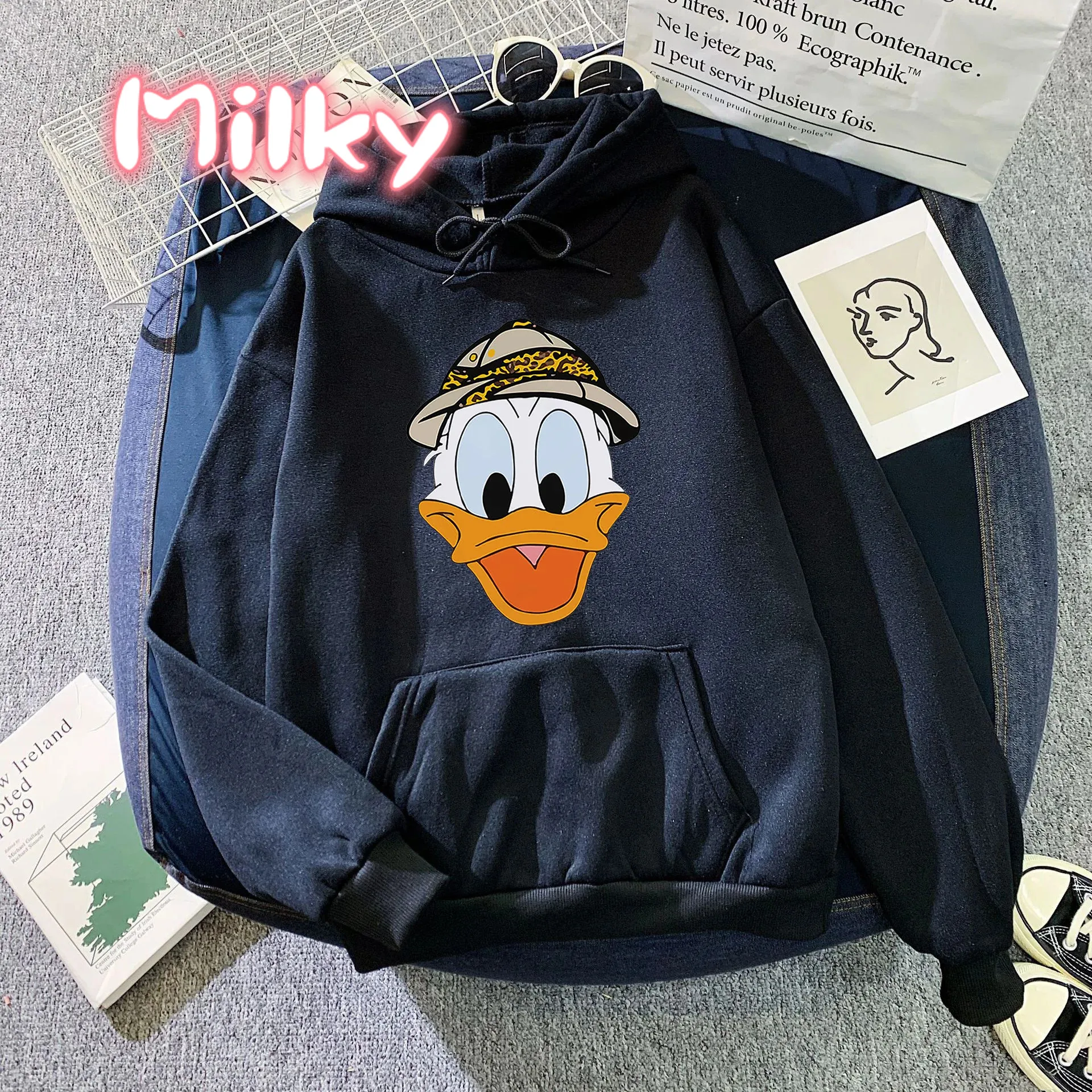 2024 Casual Simple Women pullover Donald Duck Printing felpe con cappuccio o-collo felpa morbida Harajuku Fleece Warm Female Clothes