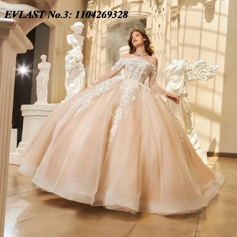 

EVLAST Customized Mexican Champagne Quinceanera Dress Ball Gown White Lace Appliques Beaded Sweet 16 Vestido De 15 Anos E3Q167