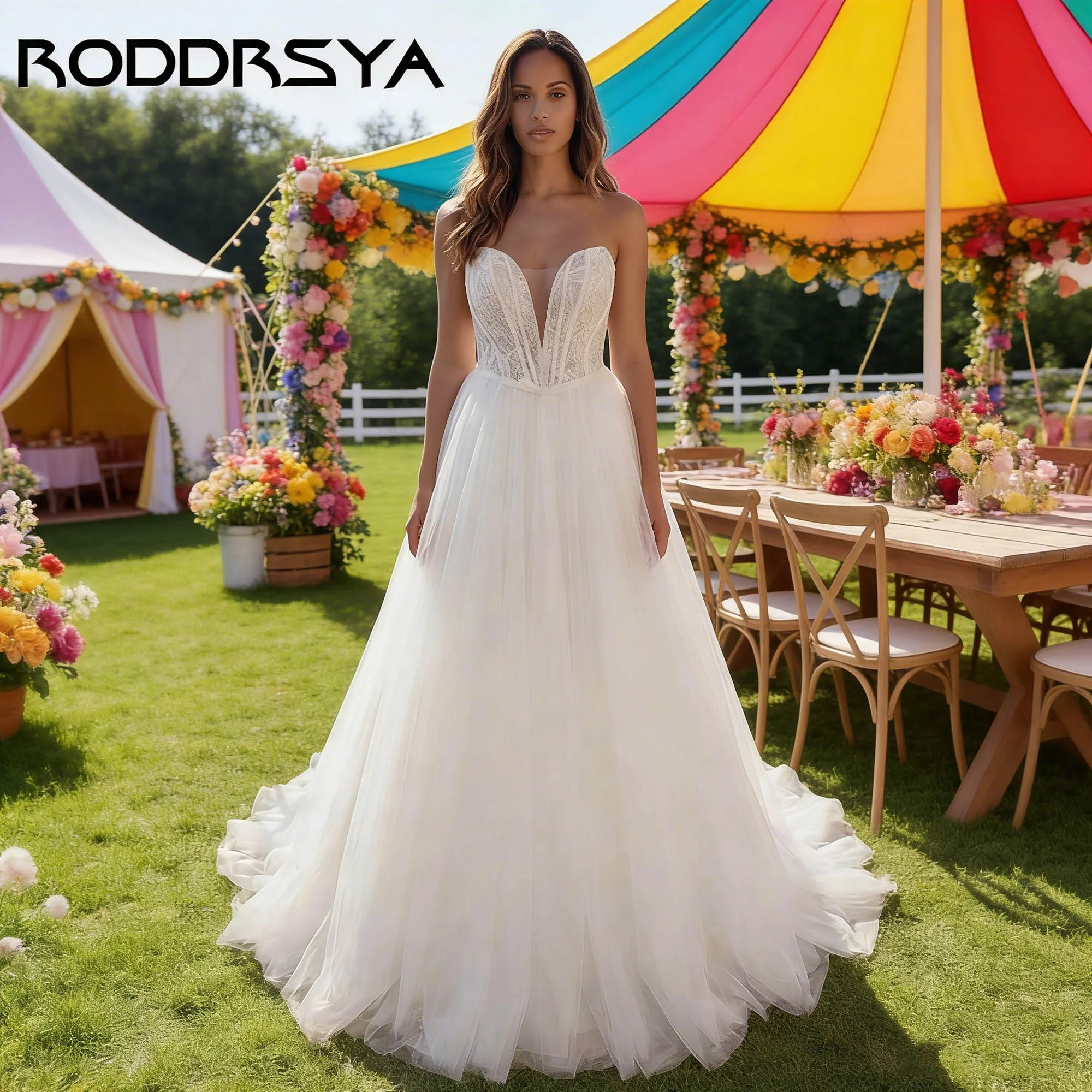 

RODDRSYA Strapless Tulle Bride Dress A-line Backless Lace Up Simple Wedding Gowns Civil Sleeveless vestidos de novia Customized