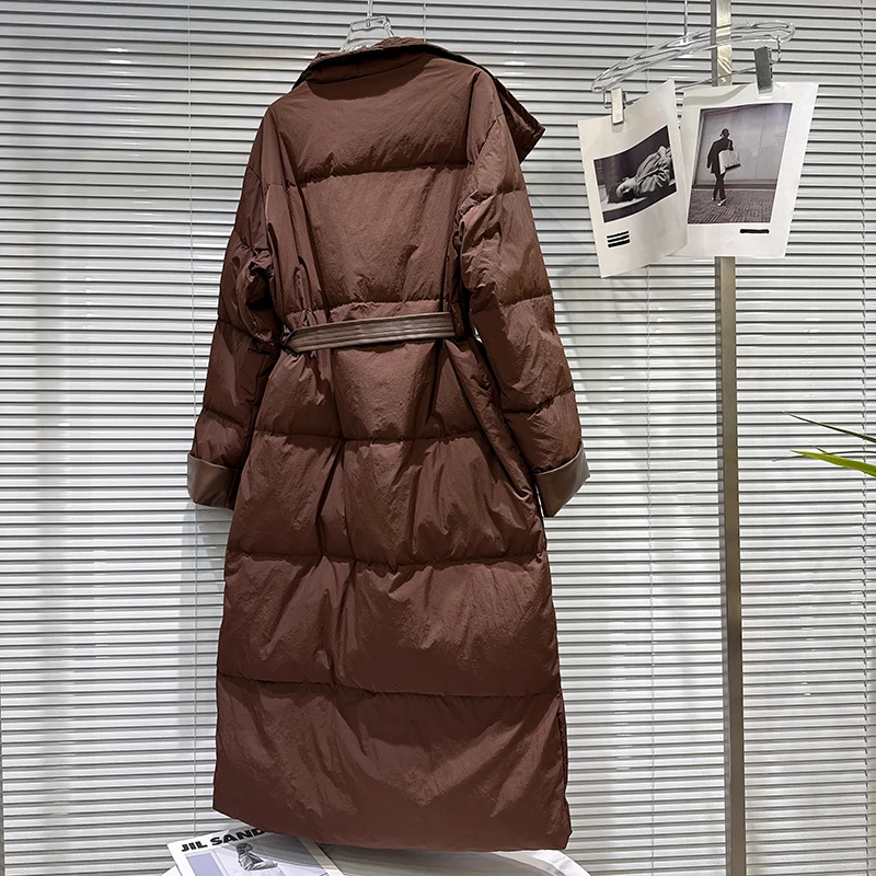 2025 شتاء جديد النمط الفرنسي كبير التلبيب طوق الدانتيل متابعة الخصر تصميم طويل نمط أسفل سترة المرأة مزاجه معطف دافئ