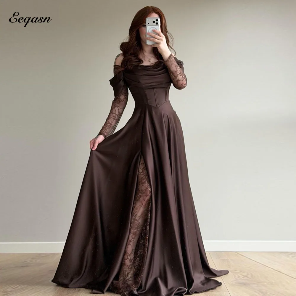 

Eeqasn Brown Evening Dresses Off Shoulder Lace Long Sleeves Vestidos De Fiesta Elegantes A Line Wedding Party Attire Customized