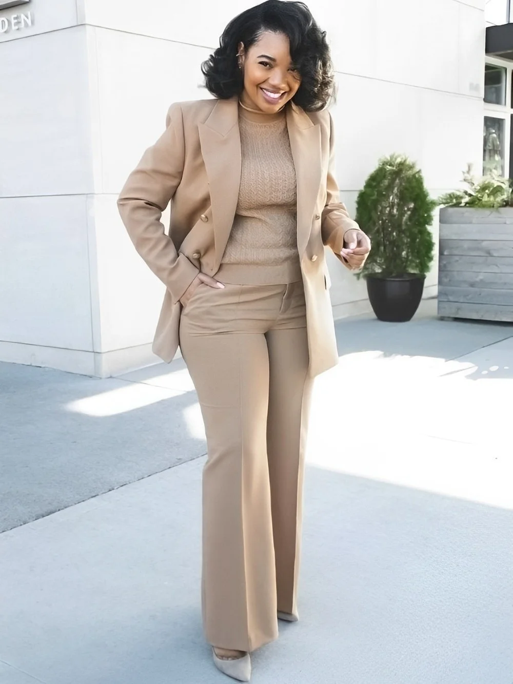 Tesco Khaki Casual Suit Blazer For Women Double Breasted Jacket Wide Leg Pants For Spring Thin Office Female Pant Sets 2024