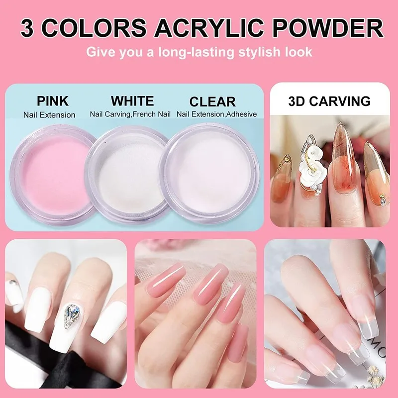 Zestaw do paznokci akrylowych Proszek akrylowy Brokat Narzędzia do manicure Tipsy Pędzel Zestaw Tipsy 3D Narzędzia do rzeźbienia