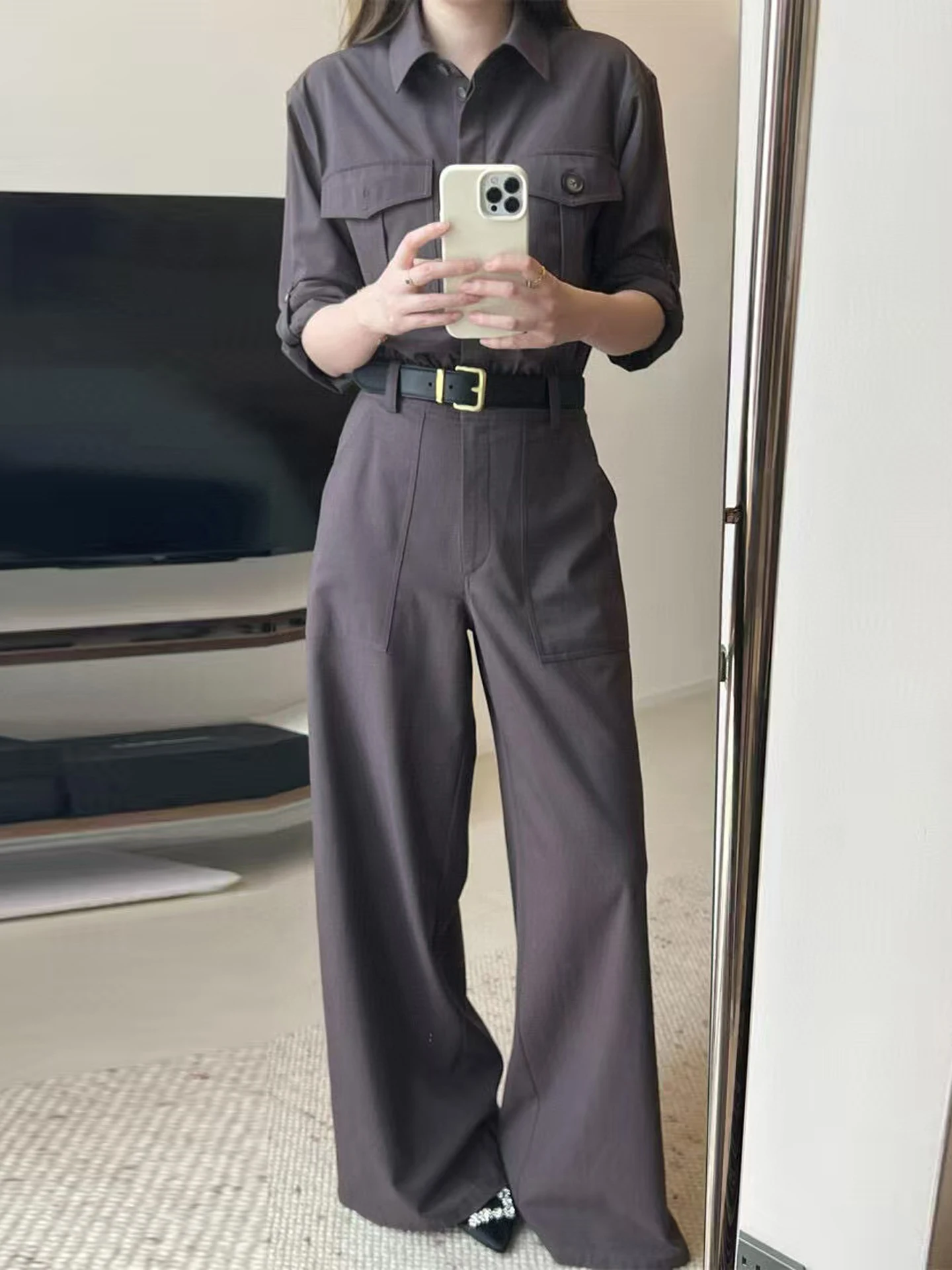 

Faionable Long One-Piece Suit with Stand Collar Waist-Cinching Utili Sle High Waist Wide Leg Pants Commute Sle