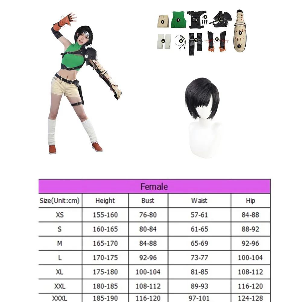 Yuffie Cosplay Kostuum Pruiken Broek Spel Finale Cos Fantasie Groene Mouwloze Pakken Outfits Halloween Feestkleding Accessoires