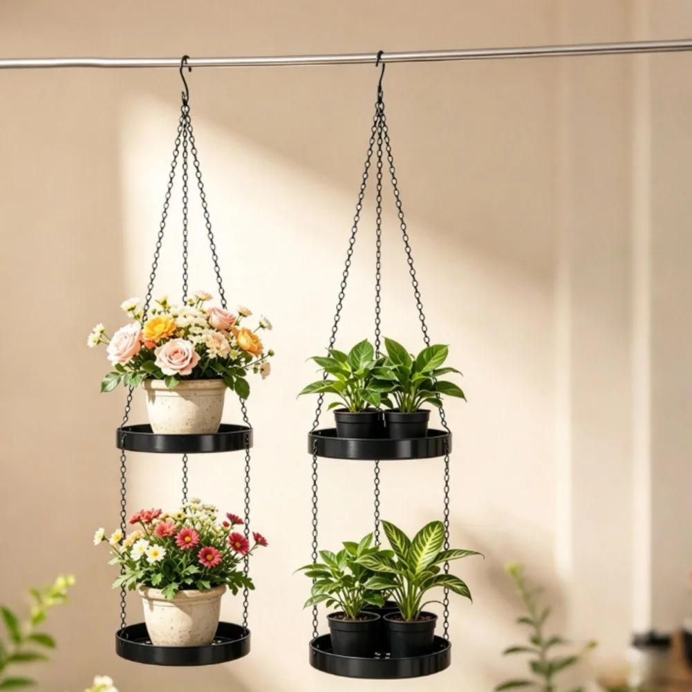 Vertical Hanging Iron Plant Shelf with Two Tiers for Balcony Indoor Outdoor Use Space Efficient Metal Flower Container