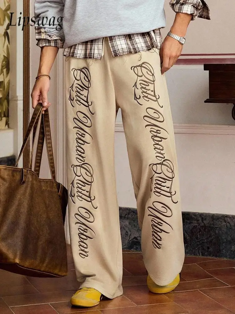 

Streetwear Fashionable Men's Trousers Vintage Letter Printing Loose Straight Pants For Mens Autumn Outdoor Casual Lace-up Pants