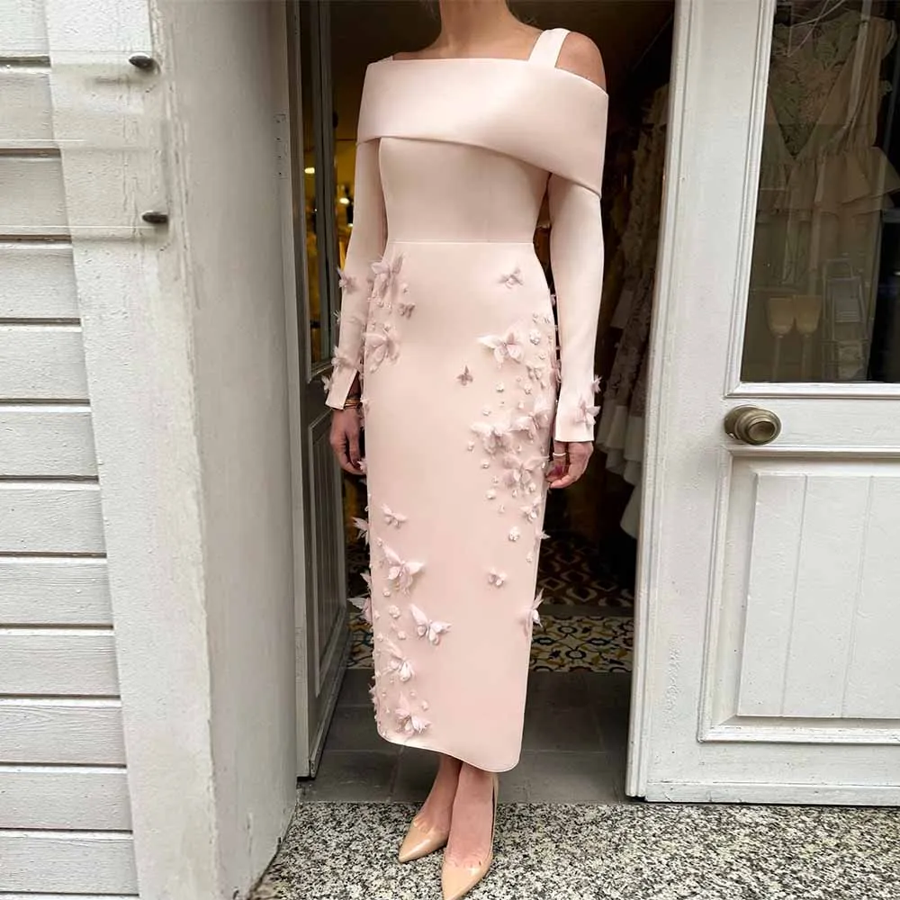 Chic 2026 Bride Gowns for Women Satin Sheath/Column Wedding Party Dresses Pink Off-the-shoulder Applique Butterfly Gala Dresses