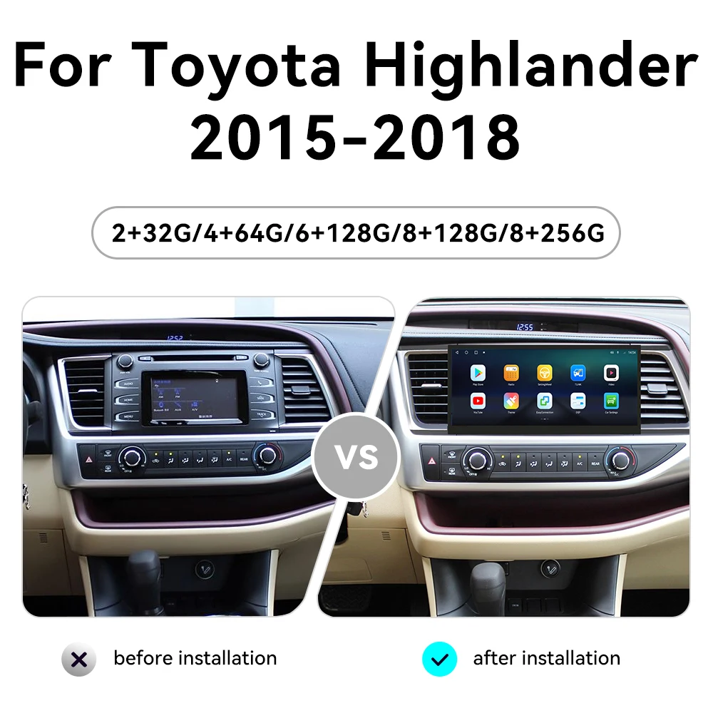 12.3 Inch Car Radio For Toyota Highlander 2015-2018 CarPlay Android 14 GPS Navigation Multimedia Player Touch Screen Head Unit