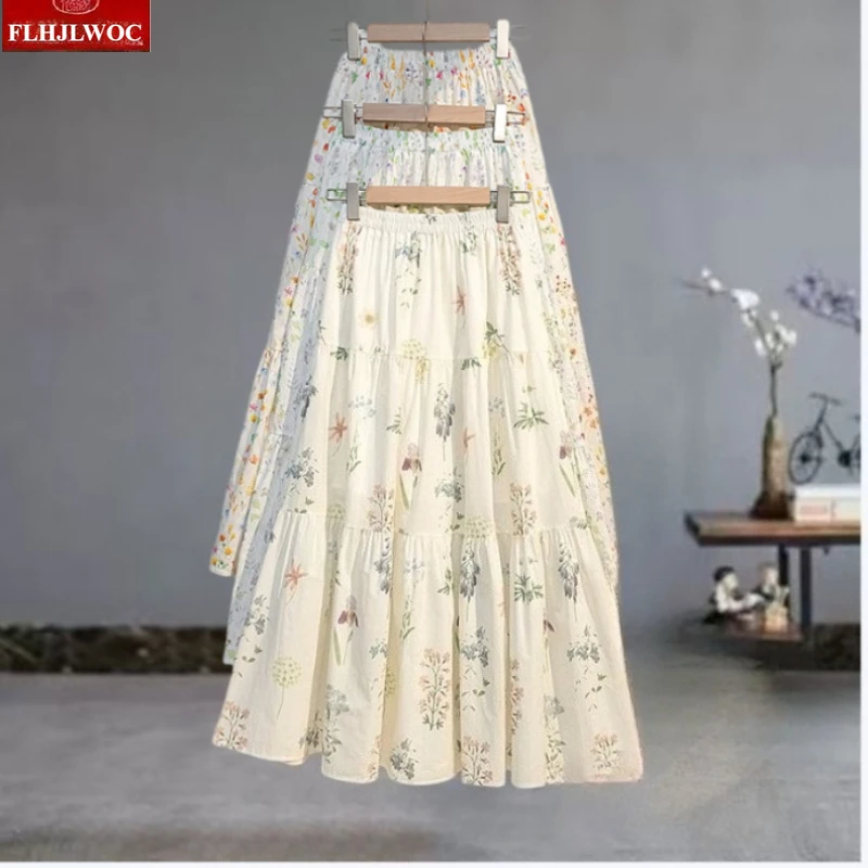 Cotton Skirts Long New FLHJLWOC 2026 Spring Summer Cute Date Girls Preppy Style Flower Floral Print Holiday Retro A Line Skirt