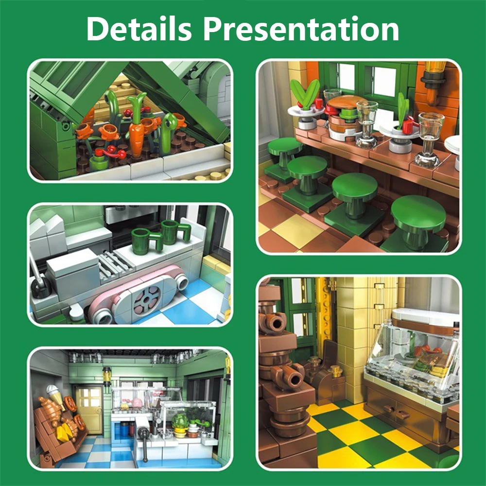 Bloques de construcción de restaurante francés con vista de calle arquitectónica, modelo de ensamblaje de luz LED, rompecabezas de aprendizaje, juguete para exhibición de regalo para niños