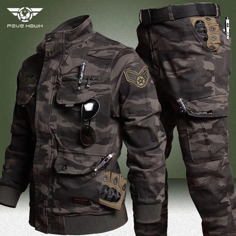 Camo Training Sets Men Outdoor Multi-pocket Cargo Jackets+Wear-resistant Straight Pants 2 Pcs Suits Autumn Windproof Set