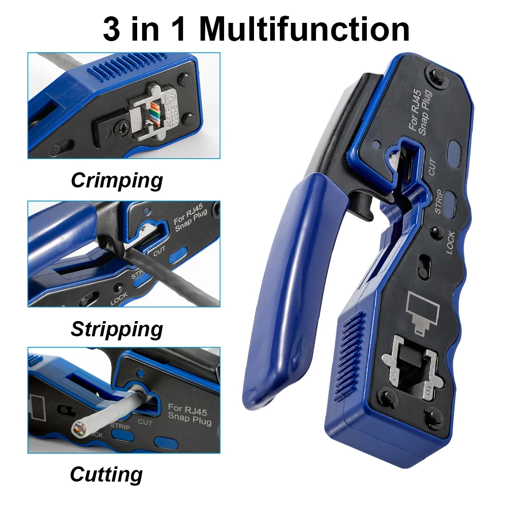 RJ45 Crimping Tool Pass Through Crimper for Cat6/5e/5 Stripping Cutting Multifunction 8P8C crimper