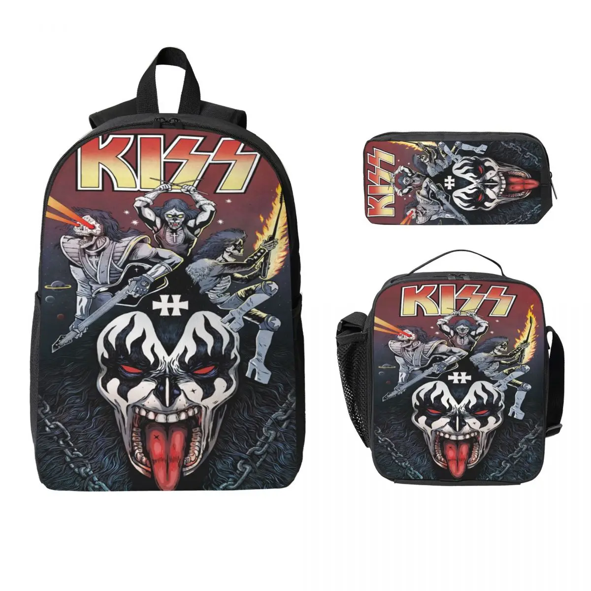 Kiss Band Rock Roll กระเป๋าเป้สะพายหลังเด็กกล่องอาหารกลางวันปากกากระเป๋าสําหรับชายหญิงกระเป๋าเป้สะพายหลัง Kawaii กระเป๋านักเรียน Bookbag ชุด