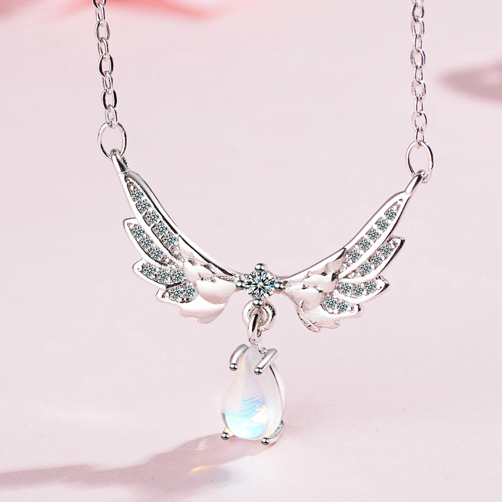 Pear Colorful Moonstone Necklace 925 Sterling Silver Angel Wings Pendant Necklace for Women Statement Gemstone Choker de Prata