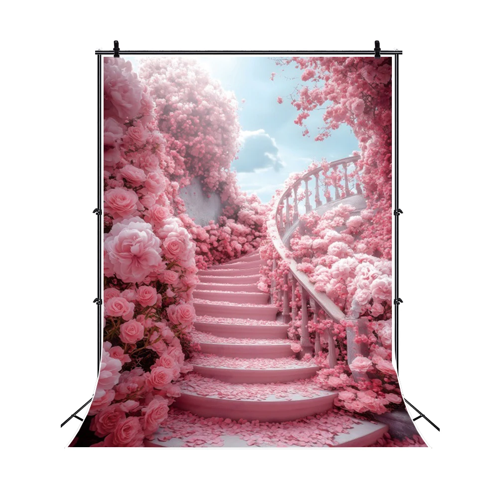 Fondo de fotografía de camino de flores rosas de fantasía de jardín, Castillo de princesa, pancarta para fiesta de bienvenida al bebé, telón de fondo para mesa de pastel