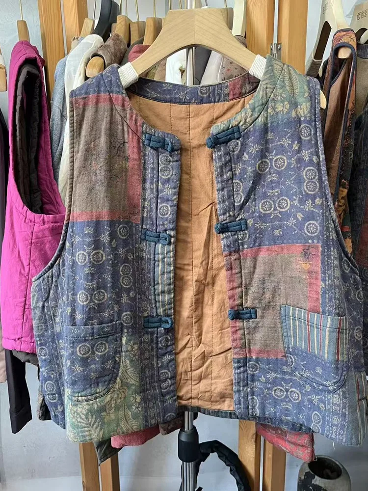 

Женский хлопковый жилет-джат в стиле ретро с принтом на пуговицах, зима 2025 года, круглый топ из чистого хлопка для поездок на работу