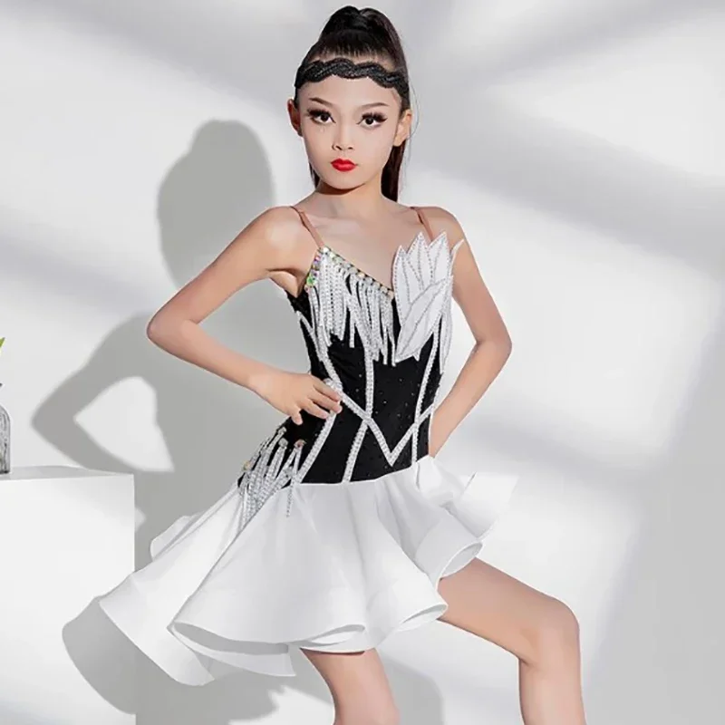 

Black White Swan Beading Tassels Latin Dance Dress Kids Girls Ballroom Competition Training Professional Rumba Cha Cha Dancewear